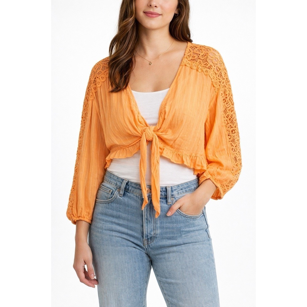 NWT American Eagle Lace Crop Top XL Orange Tie Front Boho Peasant Blouse
